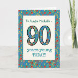 Cartão Custom Floral Birthday Card 90 Years Young<br><div class="desc">A pretty Age-specific Birthday Card for a Ninety-year-old to personalize, with the number 90 and the border filled with a colourful retro floral pattern on a teal background. The floral pattern is part of the Posh & Painterly 'Granny Print' collection, from a hand-painted paper collage by Judy Adamson. This design...</div>