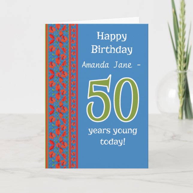 Cartão Custom Front Red Field Poppies 50th Birthday Card (Frente)