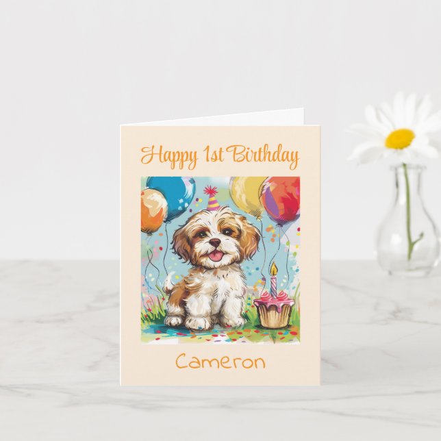 Cartão Custom Happy 1st Birthday Congratulations, Puppy  (Planta pequena)