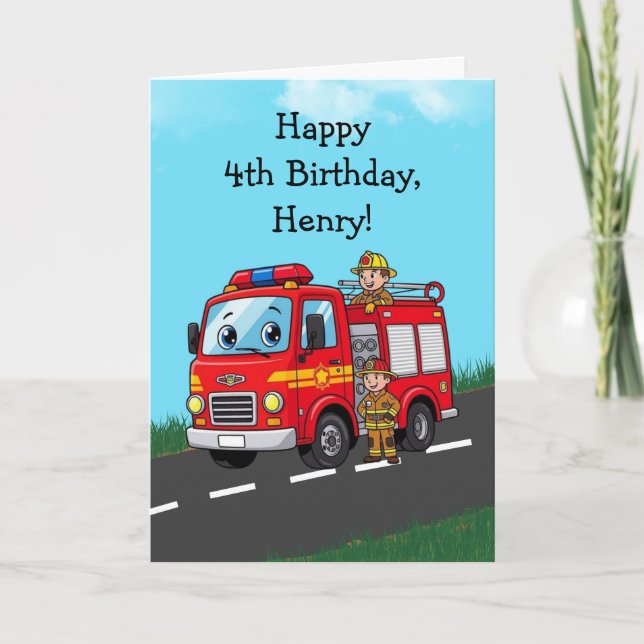Cartão Custom Kid's Fire Truck Birthday Party (Frente)