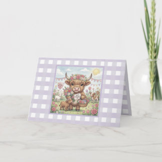 Cartão Custom Lavender Highland Cow Gingham Mother's Day