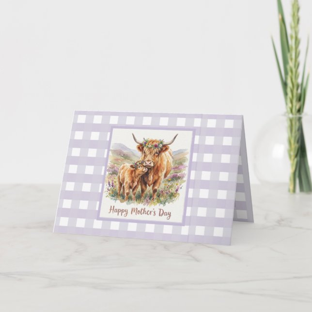 Cartão Custom Lavender Highland Cow Gingham Mother's Day (Frente)