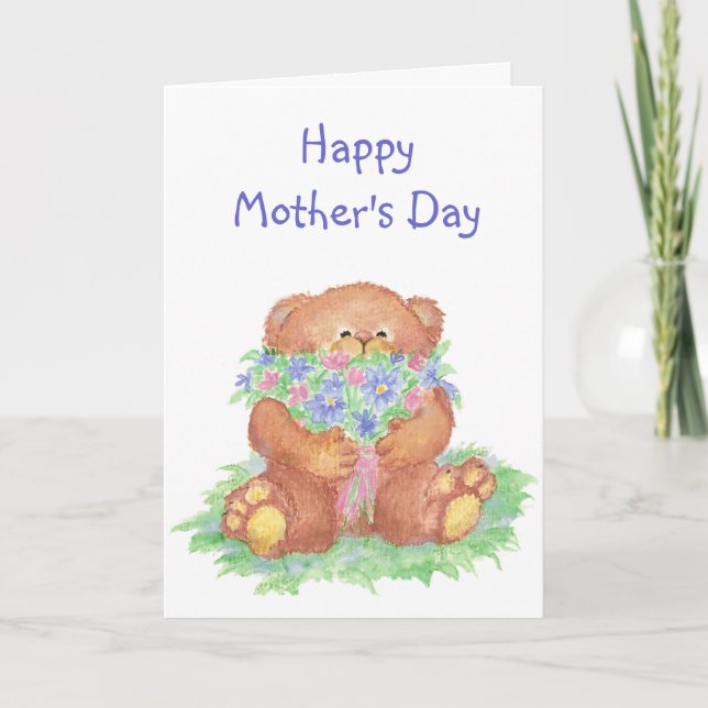 Cartão Custom Mother's Day Cute Bear with Flowers (Frente)