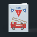 Cartão Custom Name and Age, 6th Birthday Son, Firetruck<br><div class="desc">Your son’s birthday is as special as the day he was born. Make it more special with this card is age and name customizable fire truck card.</div>