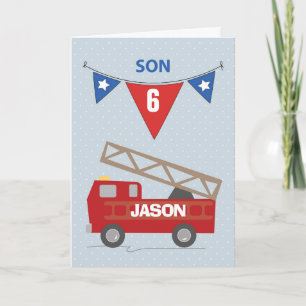 Cartão Custom Name and Age, 6th Birthday Son, Firetruck