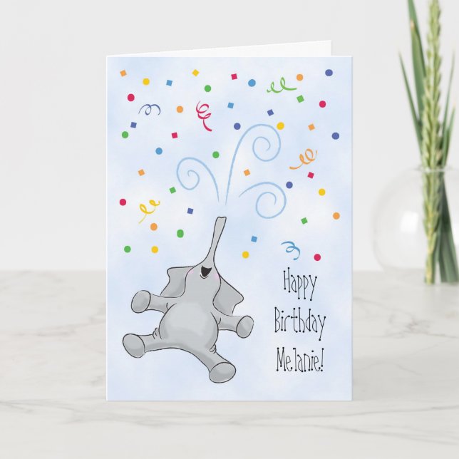 Cartão Custom Name Birthday with Joyful Elephant (Frente)
