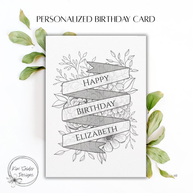 Cartão Custom Name Black & White Floral Birthday (Criador carregado)