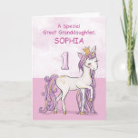 Cartão Custom Name Great Granddaughter 1st Birthday Pink<br><div class="desc">A sweet pink pony just like your great granddaughter is prancing with the number one! Gold looking details are woven in her mane and tail. Perfect card to wish your great granddaughter her 1st birthday! Personalize this card with your great granddaughter’s name.</div>