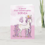 Cartão Custom Name Great Granddaughter 4th Birthday Pink<br><div class="desc">A sweet pink pony just like your great granddaughter is prancing with the number one! Gold looking details are woven in her mane and tail. Perfect card to wish your great granddaughter her 4th birthday! Personalize this card with your great granddaughter’s name.
(Digitally rendered golden looking color)</div>