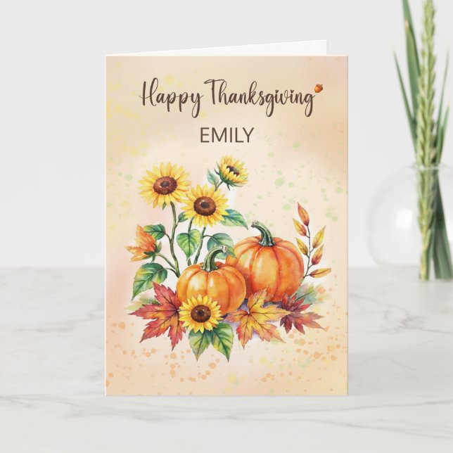 Cartão Custom Name Happy Thanksgiving Sunflowers Pumpkins (Frente)