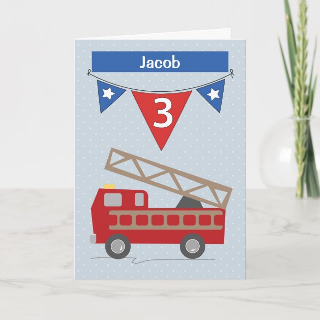 Cartão Custom Name Jacob 3rd Birthday Firetruck (Frente)