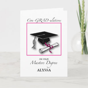 Cartão Custom Name Masters Degree, Girl Graduation Pink
