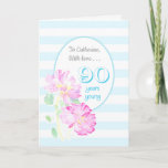 Cartão Custom Name Pink Roses and Stripes 90th Birthday<br><div class="desc">A pretty 90th Birthday card to personalise with a name. The card has pale turquoise and white stripes and full-blown Lipstick Pink Roses,  painted by hand in watercolour by Judy Adamson. Part of the Posh and Painterly 'Summer Days Collection,   you can also change the inside message if you wish.</div>