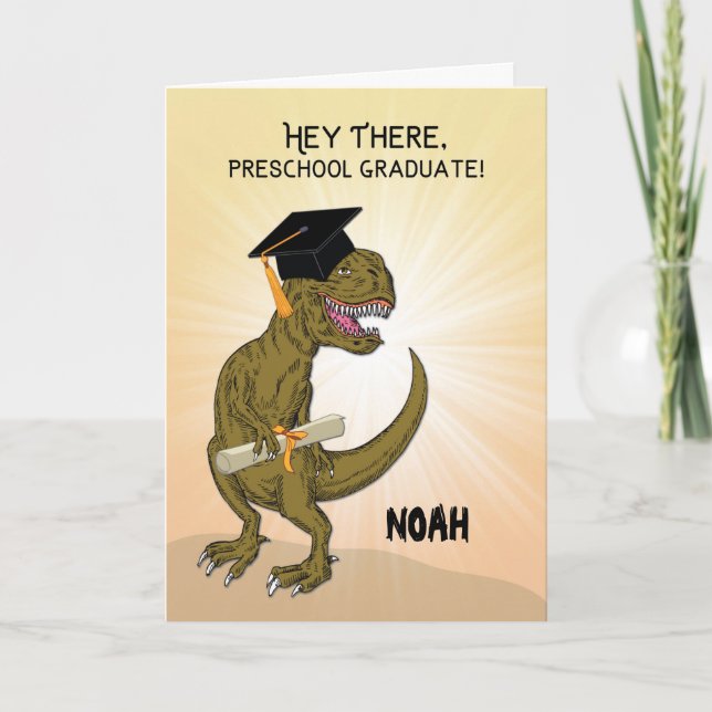 Cartão Custom Name Preschool Pre-K Graduation T-Rex (Frente)