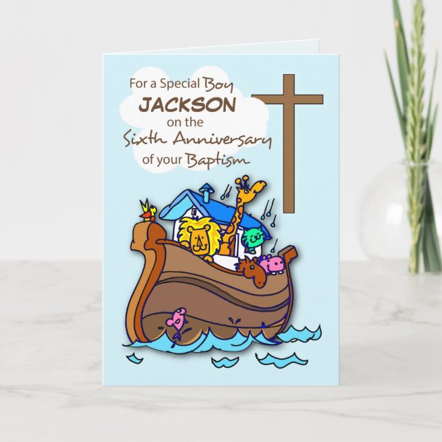 Cartão Custom Name Sixth Anniversary of Baptism Boy Ark (Frente)
