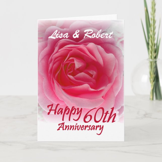 Cartão CUSTOM NAMES - 60th Anniversary with Pink Rose (Frente)