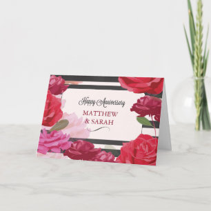 Cartão Custom Names Wedding Anniversary Roses, Stripes