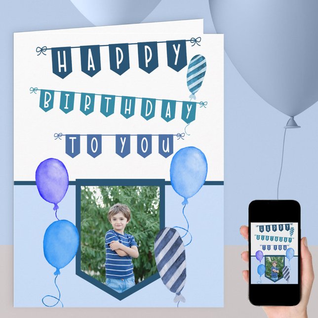 Cartão Custom Photo Blue Bunting and Balloons Birthday (Criador carregado)