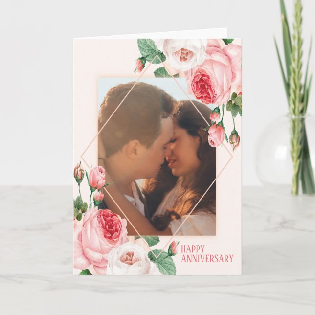 Cartão Custom Photo Happy Anniversary Roses Greeting Card (Frente)