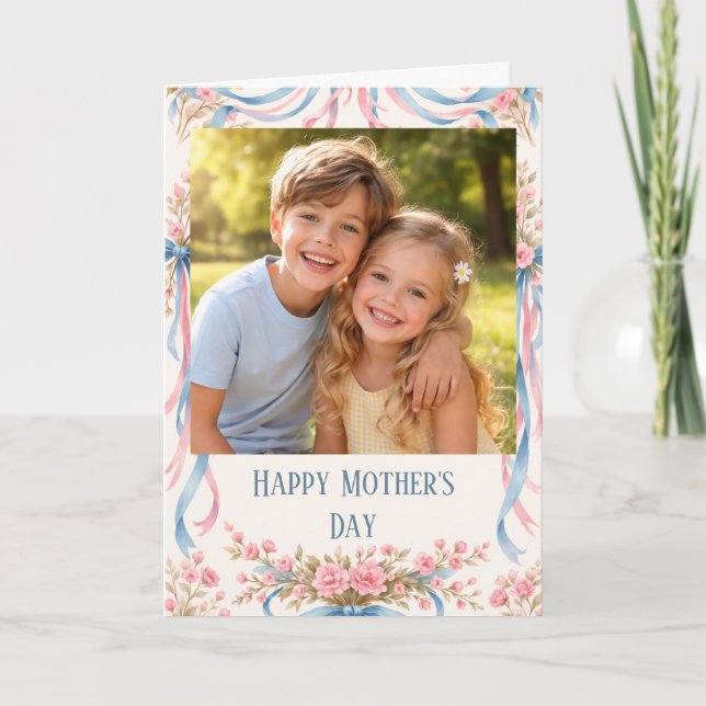 Cartão Custom Photo Happy Mother’s Day floral ribbon (Frente)