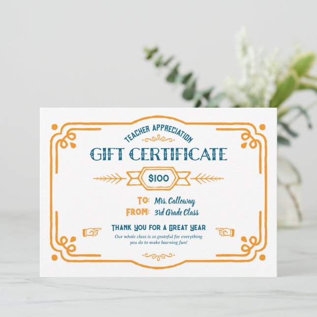Cartão Custom Teacher Appreciation Gift Certificate (Em pé/Frente)