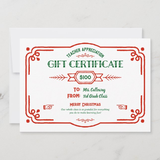 Cartão Custom Teacher Appreciation Gift Certificate (Frente)