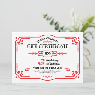 Cartão Custom Teacher Appreciation Gift Certificate
