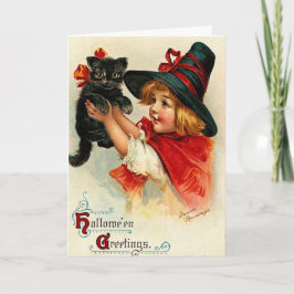 Cartão Custom Vintage Little Witch and Black Cat