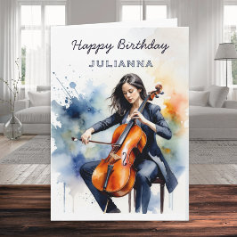 Cartão Custom Watercolor Cellist Musician Happy Birthday