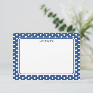 Cartão Custom Whimsical Paw Print Polka Dot Blue Note