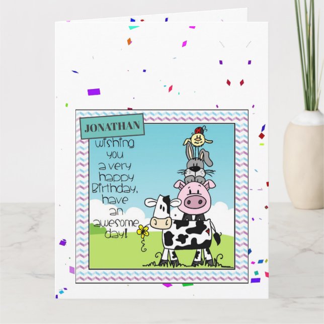 Cartão Customize Birthday Card - Cow Pig Rabbit Bird (Frente)