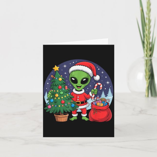 Cartão Cute Alien Christmas Tree Lights Xmas Holidays Win (Frente)