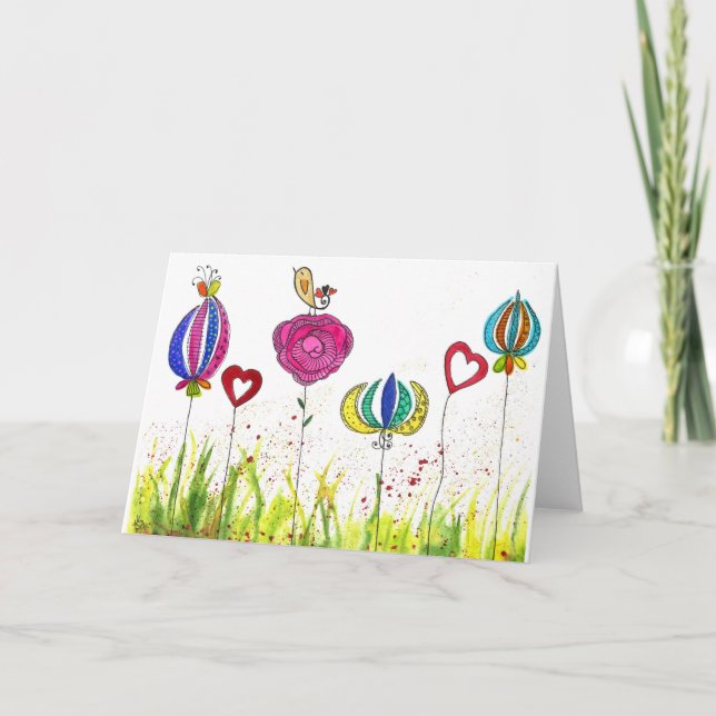 Cartão Cute and Colorful Flowers and Bird Greeting Card (Frente)