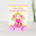 Cartão Cute art granddaughter rag doll age birthday card<br><div class="desc">Whimsical girls rag doll painted birthday greetings card,  ideal for a little girls birthday. Cute pink,  red,  purple,  yellow and white colors. Personalize with your own granddaughters name and age. Original watercolor painting and design by Sarah Trett.</div>