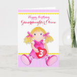 Cartão Cute art granddaughter rag doll age birthday card<br><div class="desc">Whimsical girls rag doll painted birthday greetings card,  ideal for a little girls birthday. Cute pink,  red,  purple,  yellow and white colors. Personalize with your own granddaughters name and age. Original watercolor painting and design by Sarah Trett.</div>