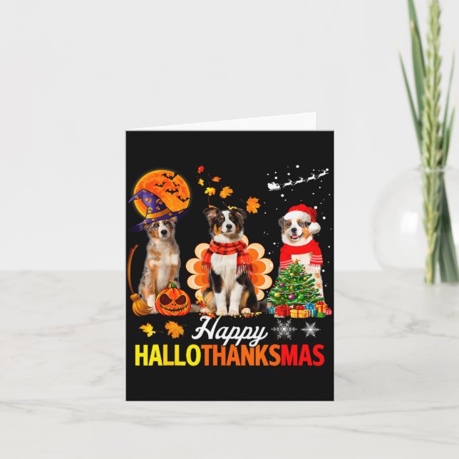 Cartão Cute Australian Shepherd Happy Hallothanksmas Xmas (Frente)