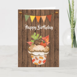 Cartão Cute Autumn Cupcake and Bunting Fall Birthday