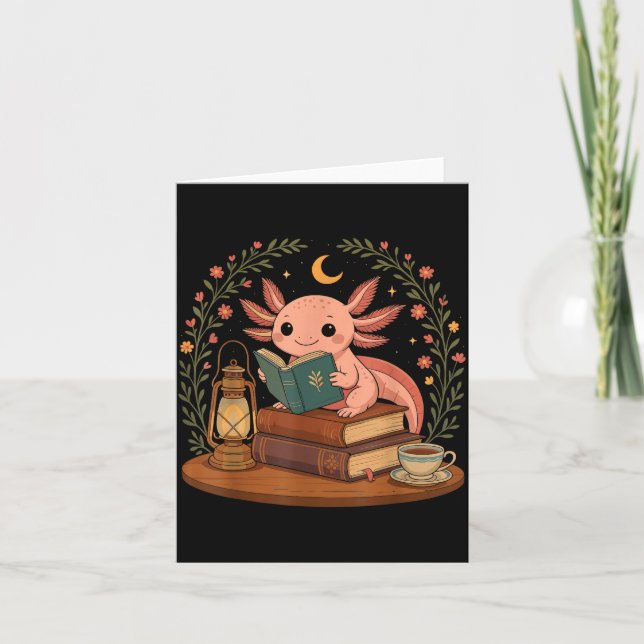 Cartão Cute Axolotl Reading Books Cozy Bookworm  (Frente)