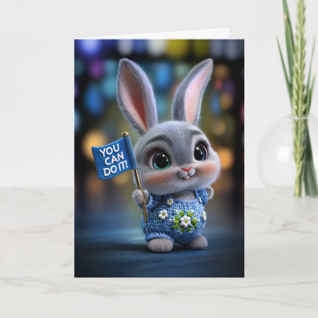 Cartão Cute Baby Bunny in Blue Overalls "You Can Do It" (Frente)