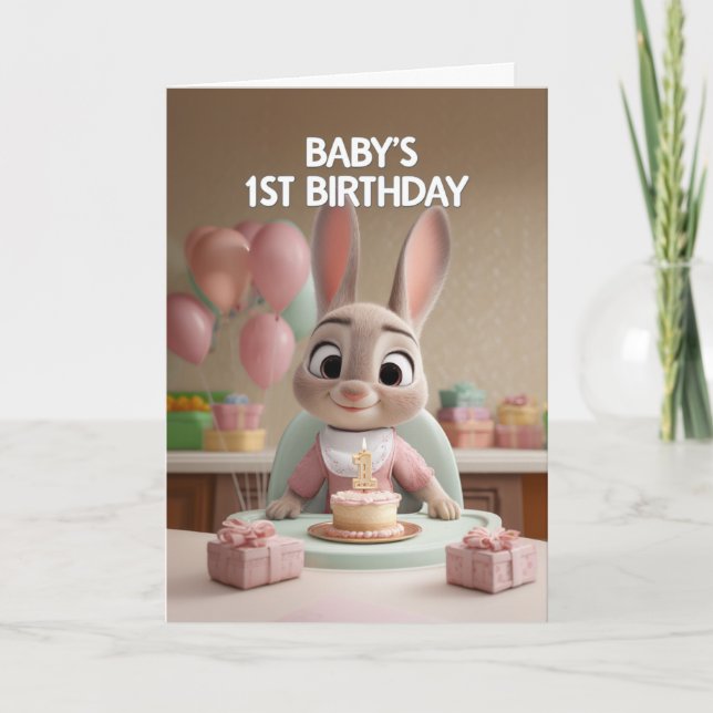 Cartão Cute Baby Bunny in Pink Celebrating 1st Birthday (Frente)
