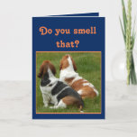 Cartão Cute Bassets on Funny Birthday Card with Cake<br><div class="desc">Cute Basset Hounds on Funny Birthday Card with Cake</div>