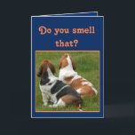 Cartão Cute Bassets on Funny Birthday Card with Cake<br><div class="desc">Cute Basset Hounds on Funny Birthday Card with Cake</div>