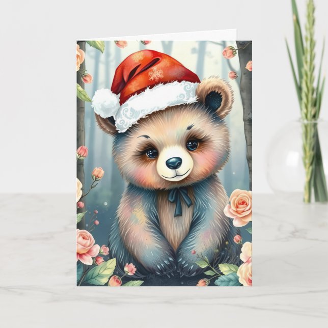 Cartão Cute Bear in Christmas hat Christmas card (Frente)
