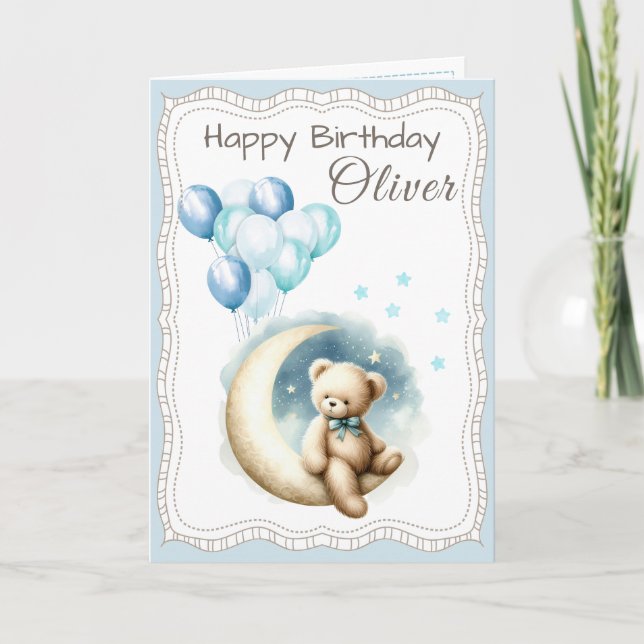 Cartão Cute Bear on the Moon Birthday Card for Boy  (Frente)