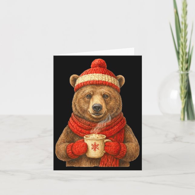 Cartão Cute Bear With Santa Hat Coffee Lover Funny Winter (Frente)