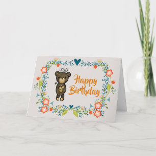 Cartão Cute Bear, Yellow Flower & Floral Wreath Birthday