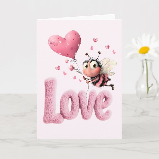 Cartão Cute Bee Fluffy Pink Love Heart Balloon Design (Planta pequena)