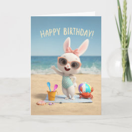 Cartão Cute Birthday Bunny in Polka Dot Swimsuit at Beach