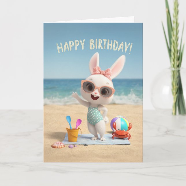 Cartão Cute Birthday Bunny in Polka Dot Swimsuit at Beach (Frente)