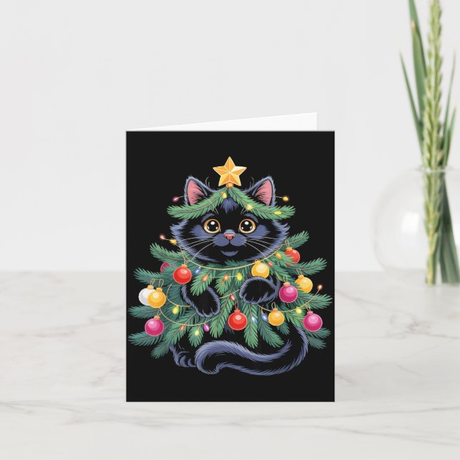 Cartão Cute Black Cat Christmas Tree Funny Kitten Lover X (Frente)